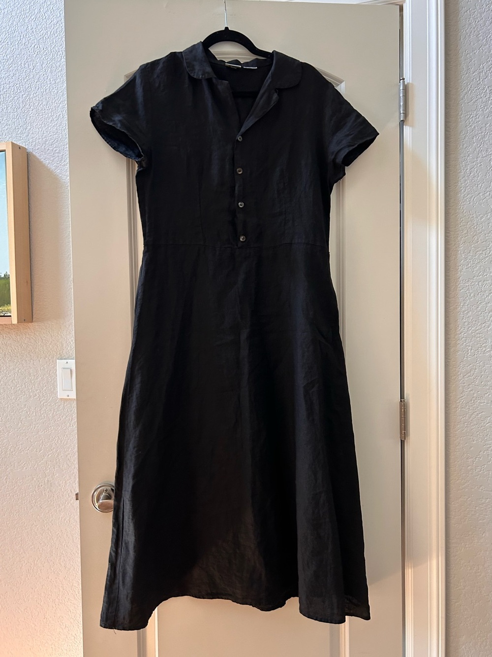 CP Shades 100% Irish Linen Black Maxi Dress w Rounded Collar. Quiet luxury. S